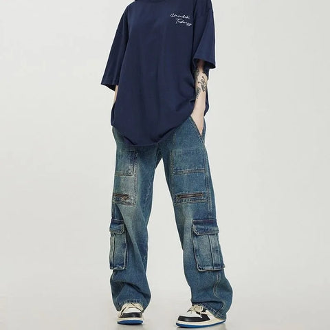 Sonicelife American Tide Brand Retro Washing Old Multi-pocket Tooling Jeans Y2K New Fashion Loose Straight Casual Jeans For Men And Women