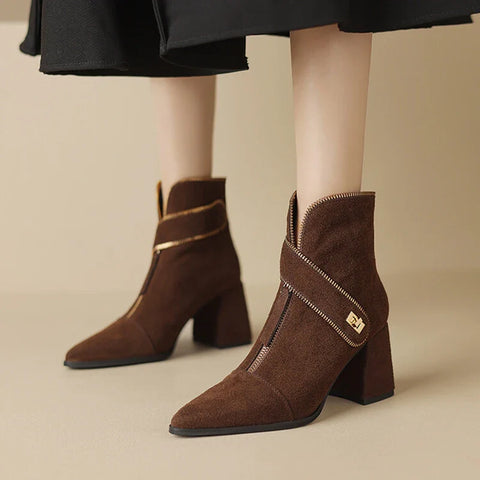 Sonicelife NEW Autumn Women Boots Cow Suede Leather Shoes for Women Pointed Toe Chunky Heel Shoes Zipper Short Boots Elegant Modern Boots