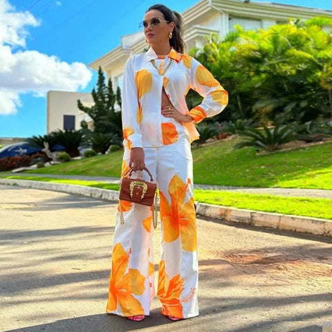 Sonicelife Floral Shirt and Wide Leg Pants Set