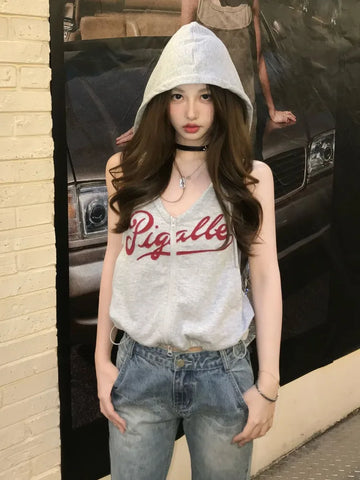 Back To School Sonicelife Y2k Sports Grey Tank Tops Women Sleeveless Backless Zip Up Hoodie Preppy Style Hip Hop Streetwear Sweatshirt for Summer