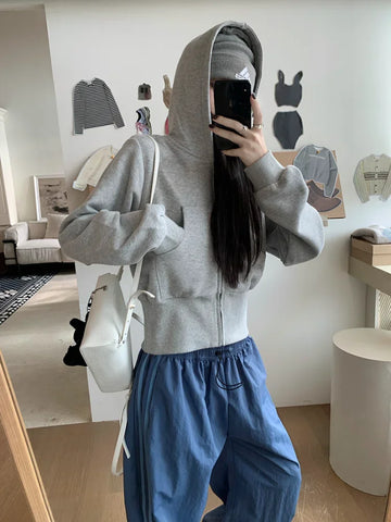 Black Friday Sonicelife Grey Cropped Hoodies Zip Up Long Sleeve Sweatshirt Cardigan Oversized Autumn Fashion Wide Leg Track Pants Two Piece Sets