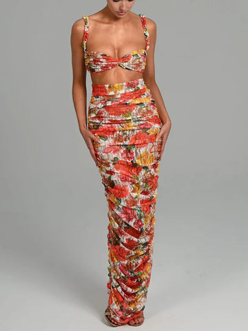Sonicelife Floral Spaghetti Straps Bra Top and Skirt Set