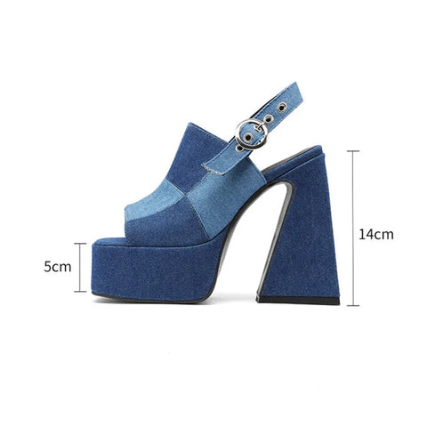 Sonicelife-2024  Women's Summer Fashion denim Color Contrast Platform High Heel Fishbill Shoes European and American Large Size Sandals