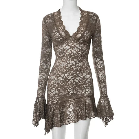 Sonicelife hoco dresses-Women's V-neck Flare Sleeve Irregular Lace Dress 2024 Fashion Sexy High Waist Tunics Slim Short Party Dresses Night Club Outfit