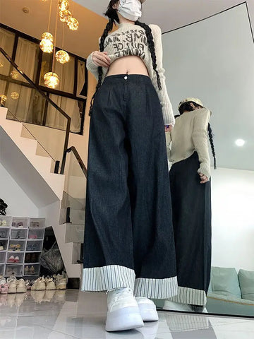 Sonicelife Oversize Patchwork Striped Jeans for Women Spring Autumn New Straight Ankle-Length Pants Y2k High Waist Loose Wide Leg