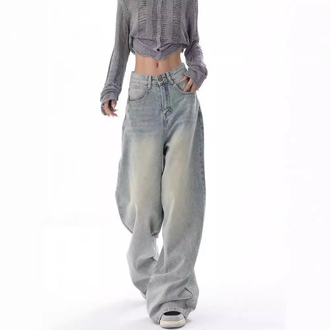 Sonicelife Full Length Women Jeans Vintage Distressed Wide Leg Pants Denim Wash Loose Fit 2024 Summer Pockets Solid Spliced High Waist