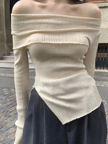Sonicelife Elegant Women Pullover Fashion Spring Autumn Split Irregular Off Shoulder Knitted Tops For Female Long Sleeve Underlay Sweater