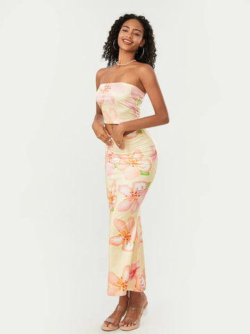 Sonicelife Boho Summer Floral 2Pieces Dress Sets Women Ladies Strapless Crop Tube Tops and Fishtail Long Skirts for Beach Party