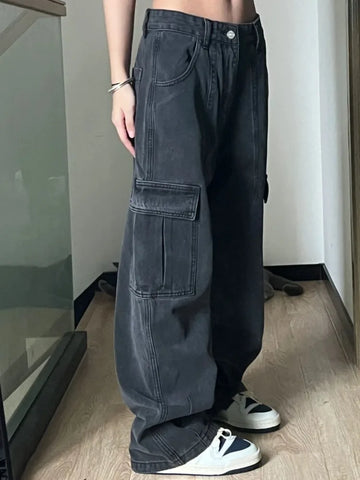 Sonicelife American Street Straight Black Gray Jeans for Women 2024 Autumn New  Denim Pants Y2k High Waist Loose Wide Leg