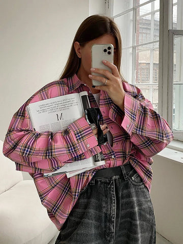 Sonicelife 2024 Autumn Winter Women Vintage Oversized Thick Long Plaid Shirt Long Sleeve Ladies Loose Fit Blouse Woman