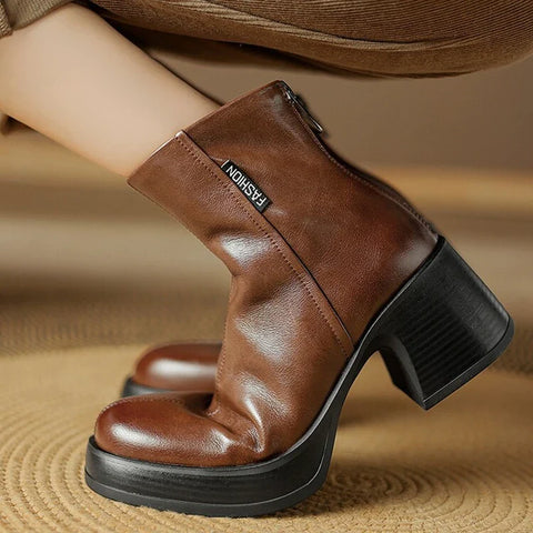 Sonicelife NEW Autumn Women Boots Split Leather Shoes for Women Round Toe Chunky Heel Shoes Casual Platform Modern Boots Zipper Ankle Boots