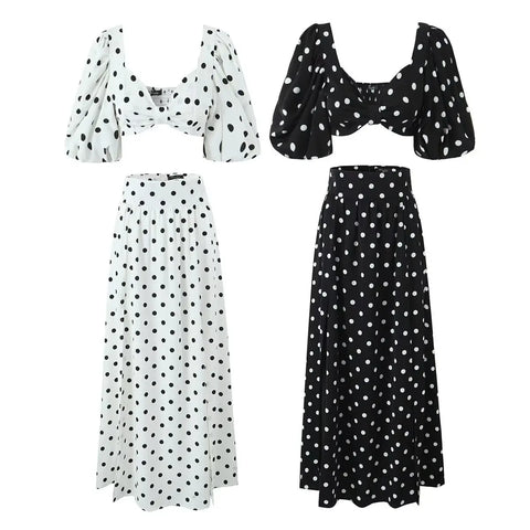 Sonicelife Polka Dots Cropped Top and Side Slits High Waist Skirt Set