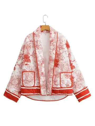Sonicelife Fashion Without Placket Padded Collar Women Jackets Casual Long Sleeved Printed Cotton Coats Female Autumn Winter Warm Outerwear