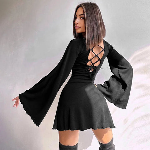 Sonicelife Women's Gothic Directional Design Dress New Dark Style Backless Tie Flared Sleeve Short Dress