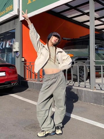 Sonicelife Vintage Street American Style Cargo Pants 2024 New Pocket Straight Trousers Y2k Grunge High Waist Loose Wide Leg