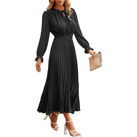 Sonicelife Womens Fall Dress Casual Long Sleeve V Neck Dot Pleated A Line Flowy Temperament Midi Dress For Women 2025 Fall Commuter