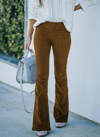 Sonicelife Spring and summer solid color high-waist slim micro-flare pants corduroy elastic waist casual pants for women