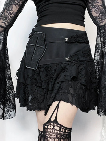 Sonicelife Women's Gothic Halter Monochrome Dark Style Music Festival Party Hole Fabric Characteristic Design Cake Skirt Short Dress