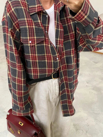 Sonicelife 2024 Vintage Oversized Thick Plaid Shirt Classic Long Sleeve Loose Fit Blouse For Women Autumn Winter
