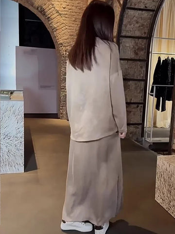Sonicelife Women Eid Satin Muslim Sets Solid Side Zipper Shirt Skirt Ramadan Dubai Outfits Arab Two Pieces Dress Abaya Kaftan Suit Robe