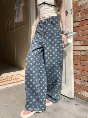 Sonicelife Sweet Hear Print Denim Pants for Women Y2k E-Girl High Waist Straight Trousers Spring Autumn Loose All-match Wide Leg