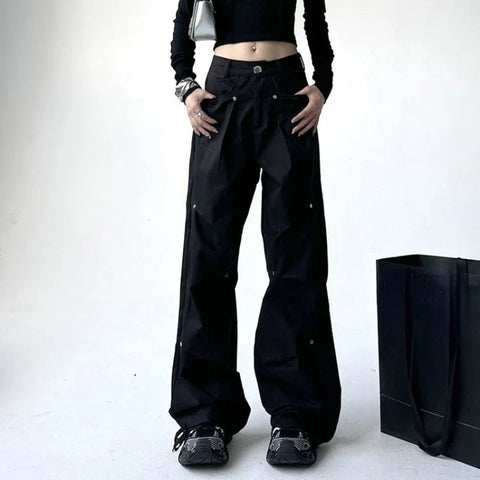 Sonicelife Sweet Cool Black Cargo Pants for Women 2024 Summer New High Waist Rivet Trousers Y2k Grunge Straight Loose Wide Leg