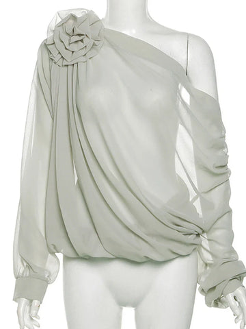 Sonicelife 2024 Spring Summer Women Elegant Long Sleeve Solid Mesh Blouse Shirt Ladies Sheer Chiffon For Woman Female