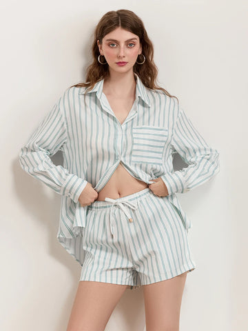 Sonicelife Women's Striped 2Pieces Outfits Summer Fall Lounge Streetwear Long Sleeve Lapel Neck Button Down Loose Shirt with Shorts