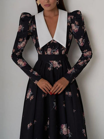 Sonicelife Aynaray 2024 Winter Spring Women Chic France Midi Dress Floral Printed Long Sleeve V-neck A-Line Flare Long Dress Female