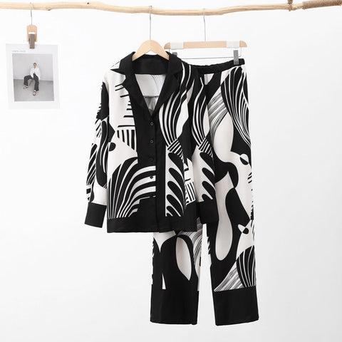 Sonicelife Black and White Long Sleeve Shirt and Wide Leg Trousers Set