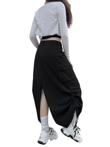 Sonicelife Retro Women Long Cargo Pocket Baggy Skirts Side Drawstring Low Rise Solid Pockets Hip Hop Straight Skirts Y2k Streetwear
