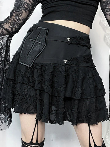 Sonicelife Women's Gothic Halter Monochrome Dark Style Music Festival Party Hole Fabric Characteristic Design Cake Skirt Short Dress
