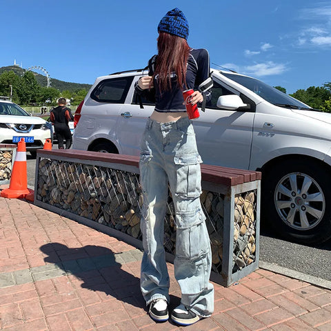 Sonicelife Long Pants Denim Straight Buttoned High Waist Streetwear Jeans Vintage Slight Blue Jeans Y2k Work Summer Blue Jeans Capris