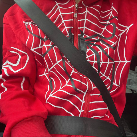 Back To School Sonicelife Y2k Spider Web Graphic Red Warm Hoodies Harajuku Vintage Grunge Zip Up Hoodie Unisex Gothic Loose Sweatshirt Jacket Men Clothing