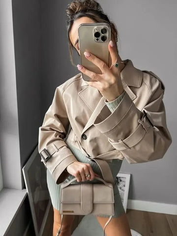 Sonicelife Fashion Belt Cropped Trench Spring Jacket Women Vintage Streetwear Double Breasted Long Sleeve Top Female Coat Outfits