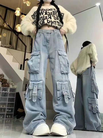 Sonicelife American Style Street Pocket Denim Cargo Pants Y2k E-Girl High Waist Jeans for Women 2024 Summer New Loose Wide Leg