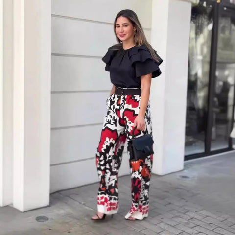 Sonicelife Two Pieces Pant Sets Print Pullover Tops Wide Leg Pants Loose Casual Women Matching Sets Ruffles 2024 Pockets Ankle Length