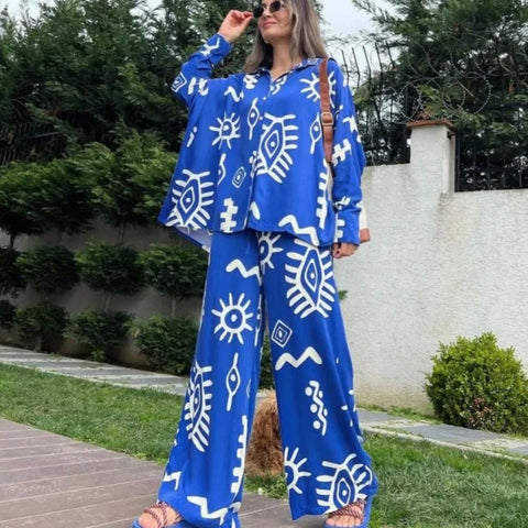 Sonicelife Two Piece Sets Women Print Blouse Shirt Single Breasted Wide Leg Pants Lace Up Full Length Loose Fit Suit Casual Ensemble