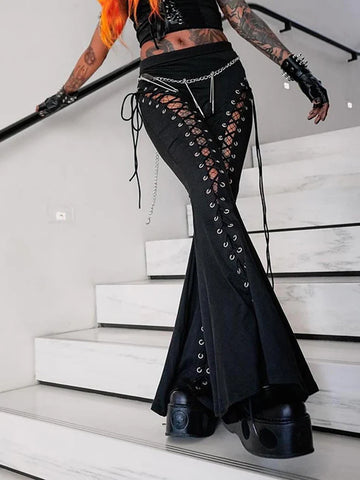 Sonicelife Women's gothic pants Spring 2024 new dark wind Street fashion trend cock-eye tie design flared pants women