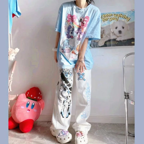 Sonicelife Y2K Anime Print White Pants Women Harajuku Manga Subculture Wide Leg Trousers Japanese Style Kawaii Cartoon Sweatpants