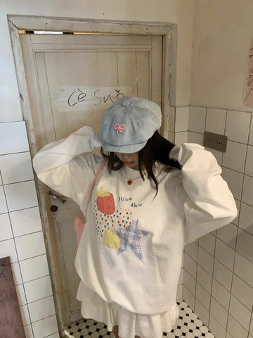 Black Friday Sonicelife Kawaii Strawberry Patchwork Hoodies Women White Star Graphic Long Sleeve Oversized Streetwear Autumn Y2k Clothes 2000s