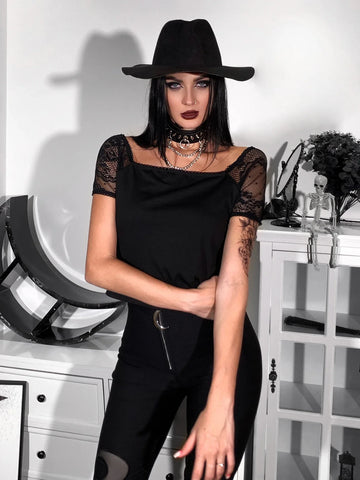 Sonicelife Women's Gothic Tops 2024 Spring Festival new trend short T-shirt dark wind temperament Slim square neck lace splicing tops