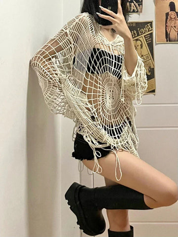 Black Friday Sonicelife Y2k Spider Web Hollow Out Sweaters Hole Crochet Knit Top Punk Grunge E-Girl Pullover Hoohed Streetwear Goth Mesh Clothes