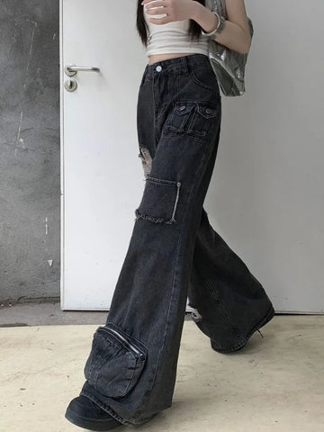 Sonicelife American Street Heavy Washed Jeans for Women 2024 Summer New Hole Hollow Out Straight Trousers Y2k E-Girl Loose Wide Leg Pants