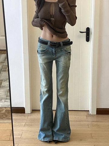 Sonicelife Oversize American Rivet Flared Jeans for Women Y2k Grunge Loose Wide Leg Pants 2024 Spring New Straight Denim Blue