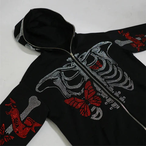 Back To School Sonicelife Gothic Grunge Rhinestones Butterfly Skeleton Print Sweatshirt Punk Zip Up Hoodie Y2K Aesthetics Retro Oversized Coat Top