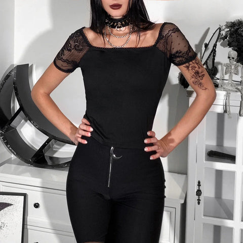 Sonicelife Women's Gothic Tops 2024 Spring Festival new trend short T-shirt dark wind temperament Slim square neck lace splicing tops