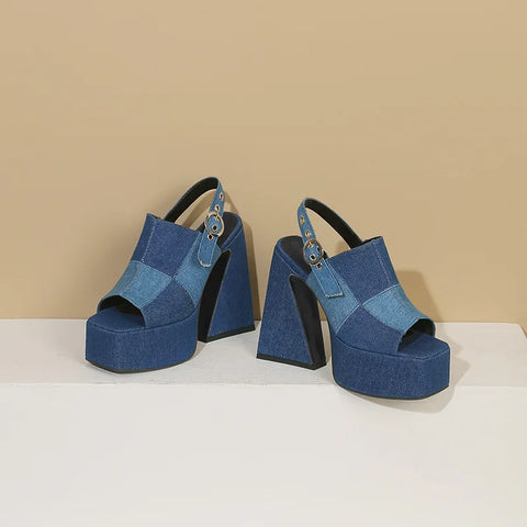 Sonicelife-2024  Women's Summer Fashion denim Color Contrast Platform High Heel Fishbill Shoes European and American Large Size Sandals