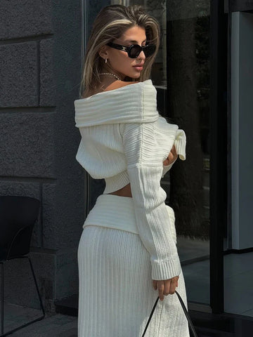 Black Friday Sonicelife Knitted Skirt 2 Piece Set Women's One-Shoulder Long Sleeves Sweater Pullover Elegant Slim Fit Long Skirt Suit Autumn New