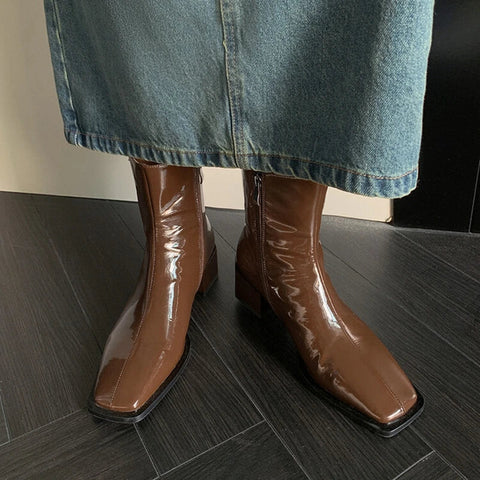 Sonicelife Autumn Boots Women Patent Leather Shoes for Women Square Toe Chunky Heel Women Boots Elegent Modern Boots Office Ladies Shoes